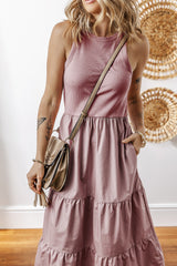 Sepia Rose Ribbed Vest Patchwork Tiered Midi Dress with Pockets Midi Dresses JT's Designer Fashion