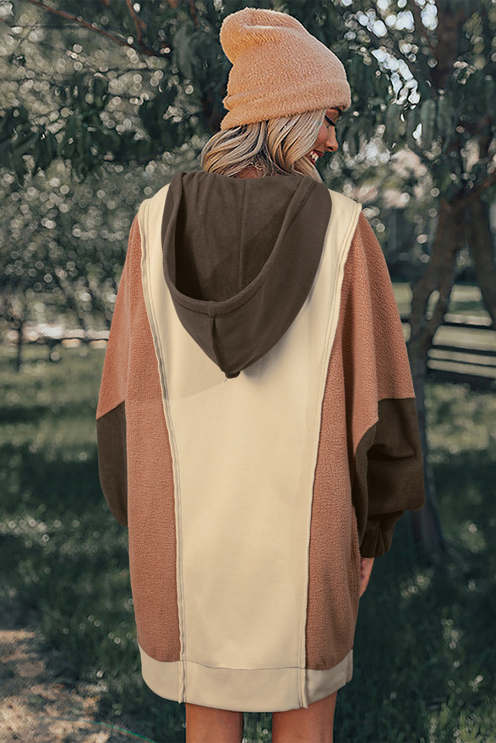 Beige Oversized Color Block Patchwork High Low Hoodie Sweatshirts & Hoodies JT's Designer Fashion