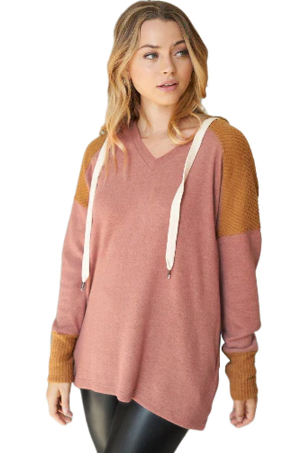 Brown Waffle Knit Patchwork Drawstring V Neck Hoodie Sweatshirts & Hoodies JT's Designer Fashion