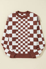 Brown Checkered Print Drop Shoulder Round Neck Sweater Sweaters JT's Designer Fashion