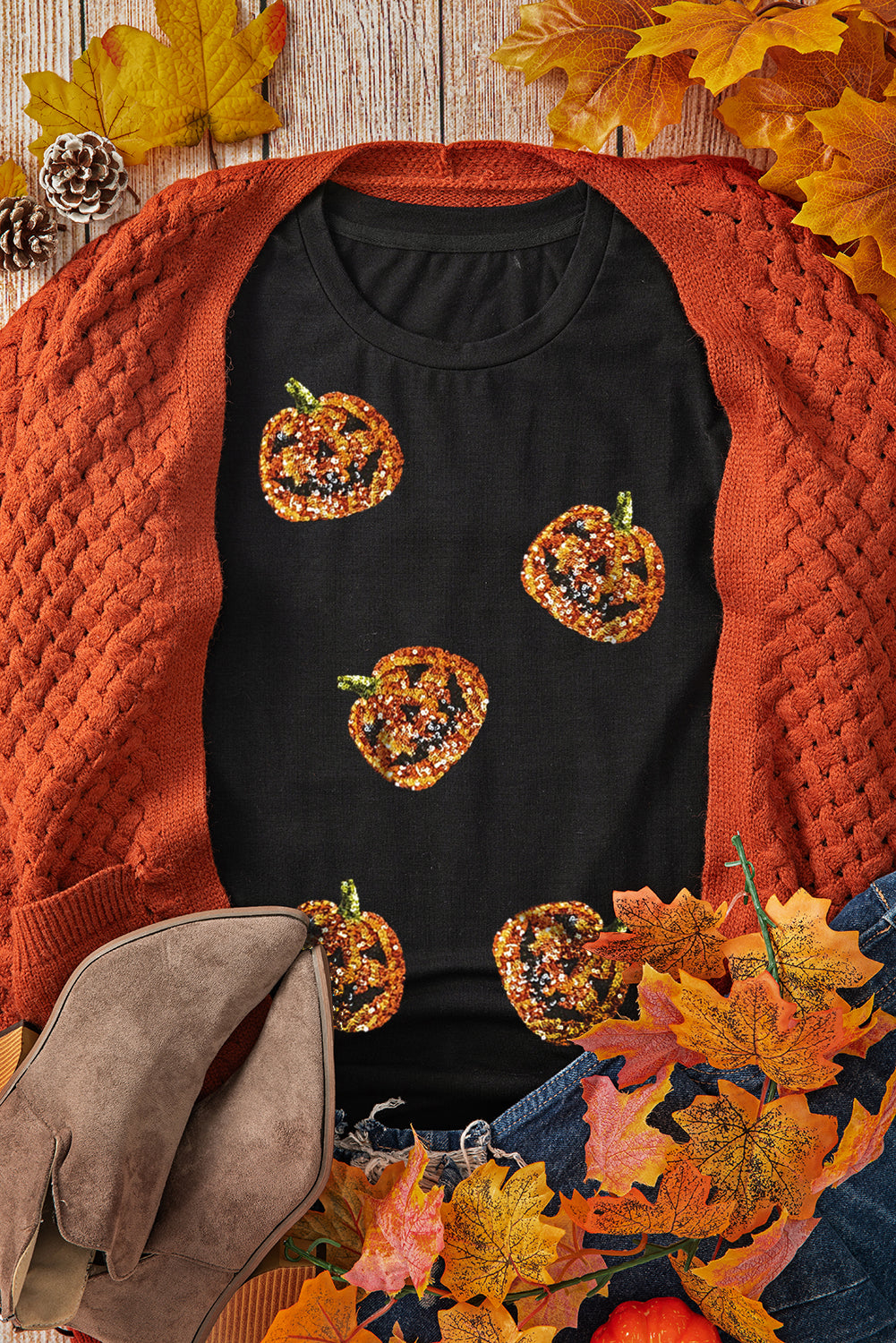 Black Sequin Pumpkin Face Halloween T Shirt Graphic Tees JT's Designer Fashion