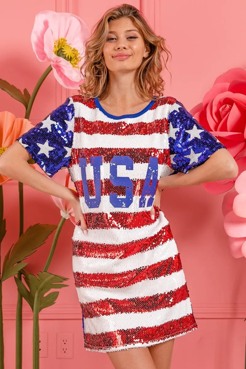 BiBi American Flag Theme Usa Print Sequin Dress Mini Dresses JT's Designer Fashion