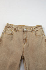Light French Beige Acid Washed High Rise Cropped Wide Leg Jeans Jeans JT's Designer Fashion