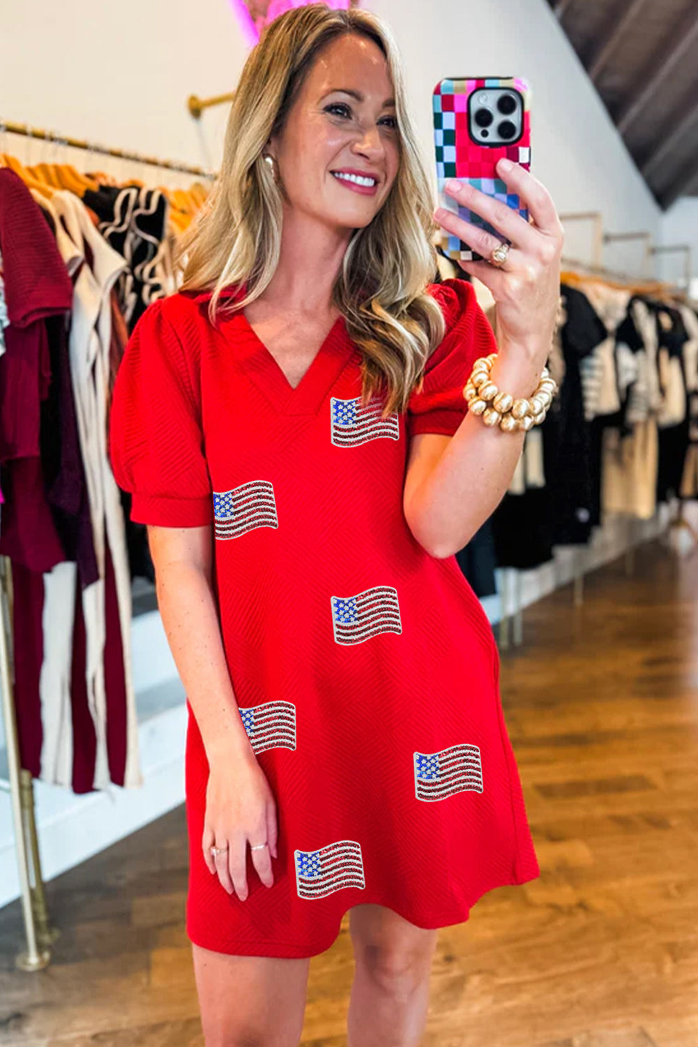 Fiery Red Sequin American Flag Patched Polo Collar Textured T Shirt Dress Graphic Dresses JT's Designer Fashion