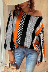 Orange Polka Dot Vertical Striped Printed Puff Sleeve Blouse Blouses & Shirts JT's Designer Fashion