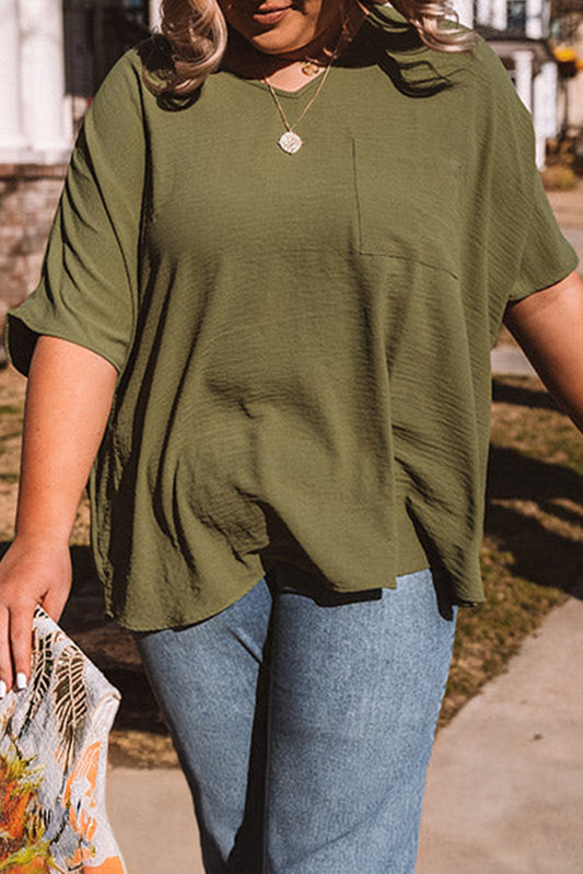 Four Leaf Clover Textured Half Sleeve V Neck Plus Size T Shirt with Chest Pocket Plus Size Tops & Tees JT's Designer Fashion