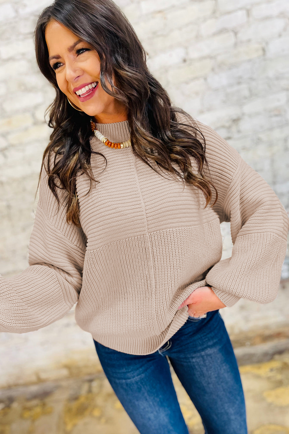 Parchment Mixed Texture Patchwork Knitted Puff Sleeve Sweater Sweaters JT's Designer Fashion