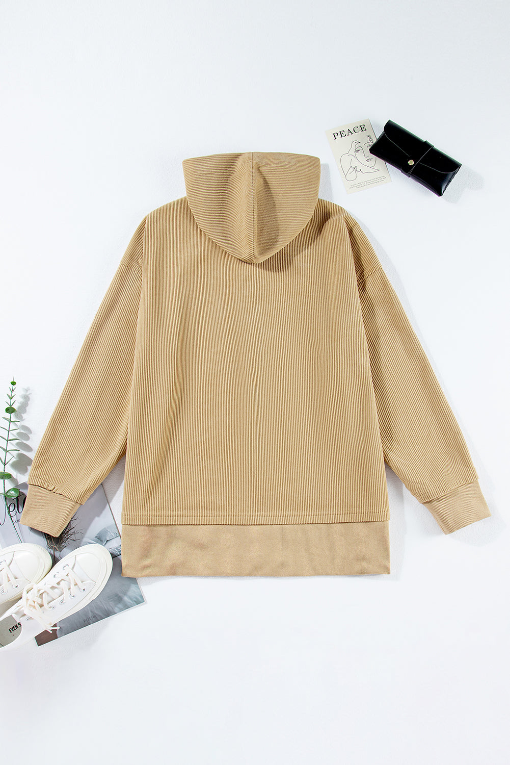 Simply Taupe Solid Ribbed Knit Buttoned Drop Shoulder Oversized Hoodie Sweatshirts & Hoodies JT's Designer Fashion