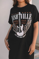 Black Nashville Guitar Print Crew Neck T Shirt Mini Dress T Shirt Dresses JT's Designer Fashion