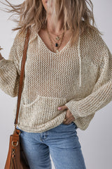 Jet Stream Hollow-out Kangaroo Pocket V Neck Hooded Sweater Sweaters JT's Designer Fashion