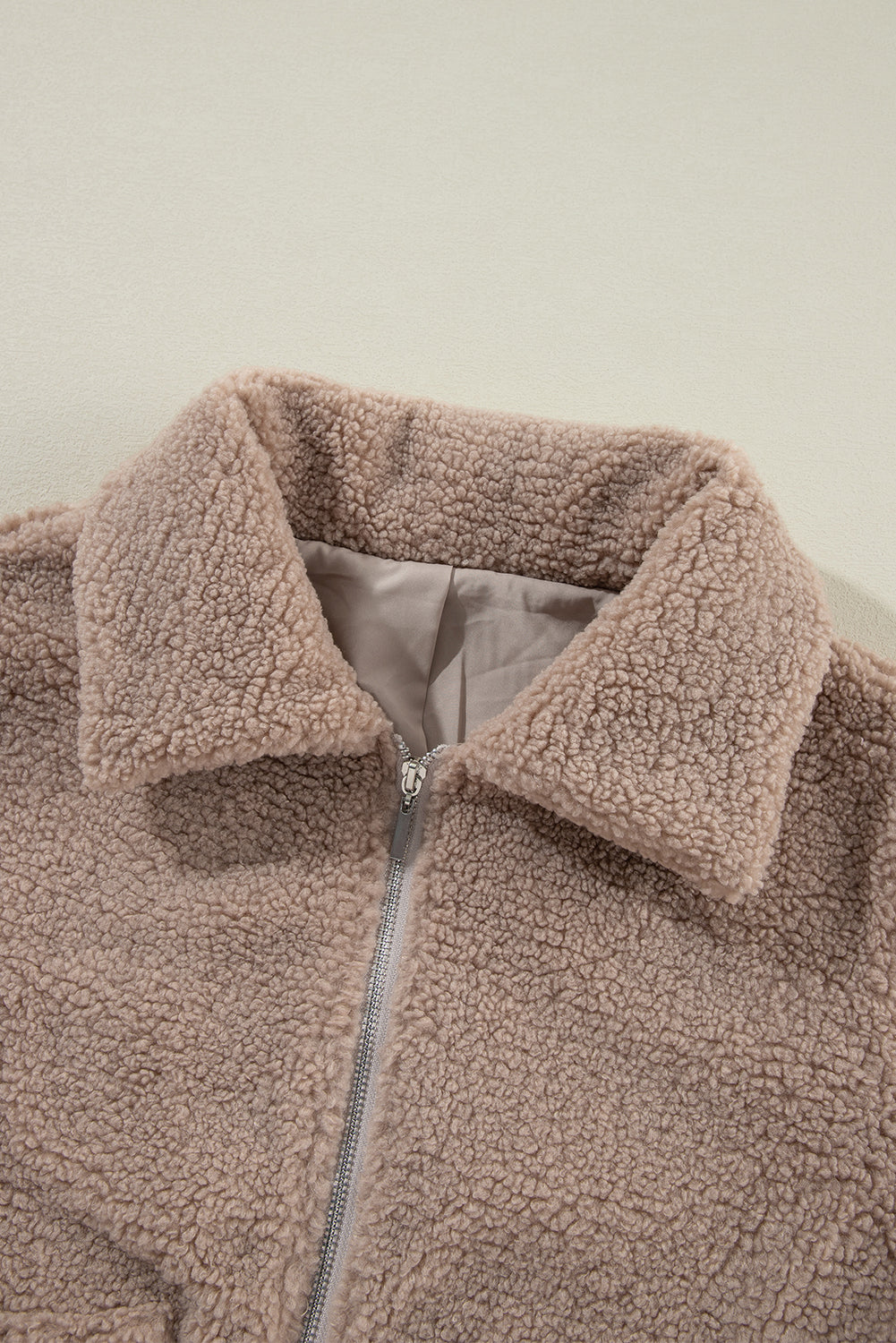 Light French Beige Zipper Pocketed Winter Fuzzy Jacket Jackets JT's Designer Fashion