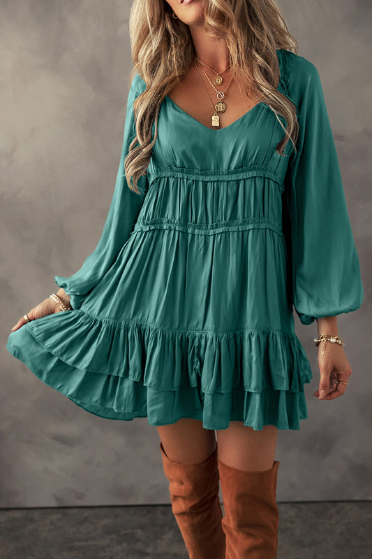 Mist Green Tiered Ruffled Puff Sleeve Loose Fit Mini Dress Mini Dresses JT's Designer Fashion