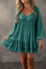 Mist Green Tiered Ruffled Puff Sleeve Loose Fit Mini Dress Mini Dresses JT's Designer Fashion