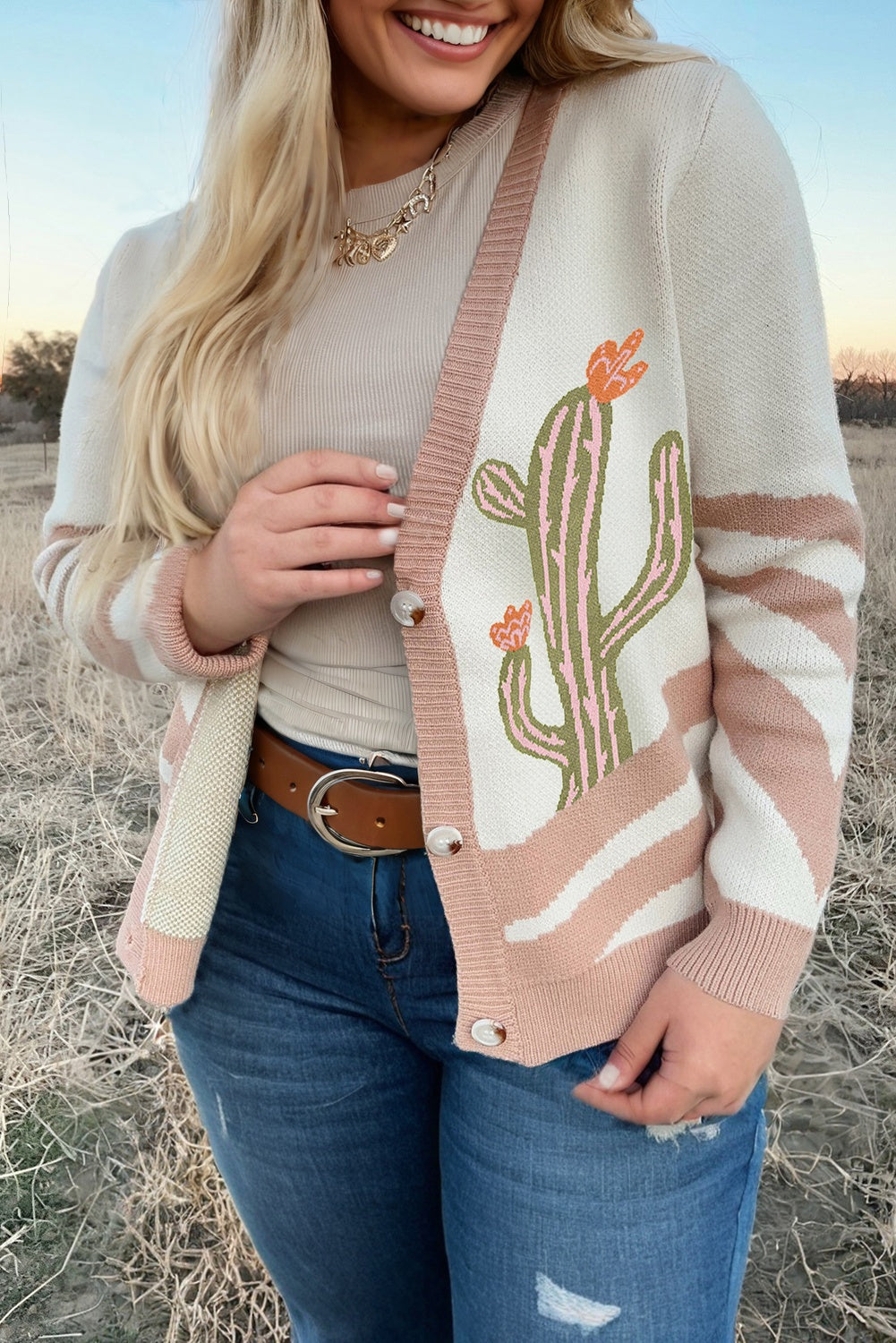 Apricot Western Desert Cactus Print Plus Size Button Cardigan Sweater Apricot 52%Viscose+26%Polyester+22%Polyamide Plus Size Sweaters & Cardigans JT's Designer Fashion
