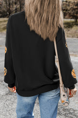 Black Sequin Ball Patched Crewneck Game Day Sweatshirt Graphic Sweatshirts JT's Designer Fashion