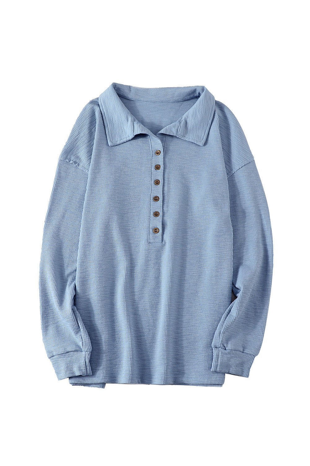 Sky Blue Button Front Turn-down Neck Knit Top Long Sleeve Tops JT's Designer Fashion