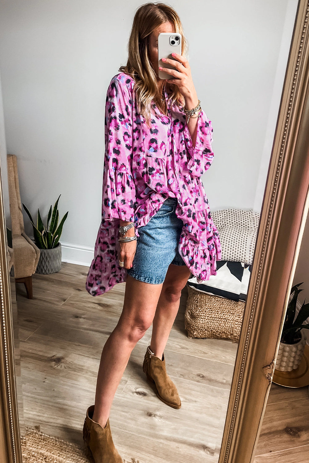 Rose Leopard Print Buttoned Front 3/4 Sleeve Tiered Ruffled Hem Dress Mini Dresses JT's Designer Fashion