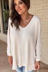 White Waffle Knit Side Slits Loose Fit V Neck Top Long Sleeve Tops JT's Designer Fashion