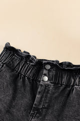 Black Vintage Washed Frilled High Waist Denim Shorts Denim Shorts JT's Designer Fashion
