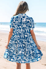 Blue Ricrac Trim Split Neck Floral Loose Dress Floral Dresses JT's Designer Fashion