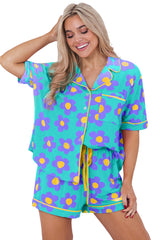 Green Flower Print Short Sleeve Shirt Pajamas Set Loungewear JT's Designer Fashion
