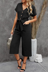 Black Dolman Button Belted V Neck Wide Leg Pocketed Jumpsuit Jumpsuits & Rompers JT's Designer Fashion