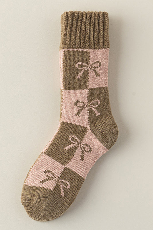 Sage Green Checkered Bowknot Printed Thermal Mid Calf Socks Socks JT's Designer Fashion