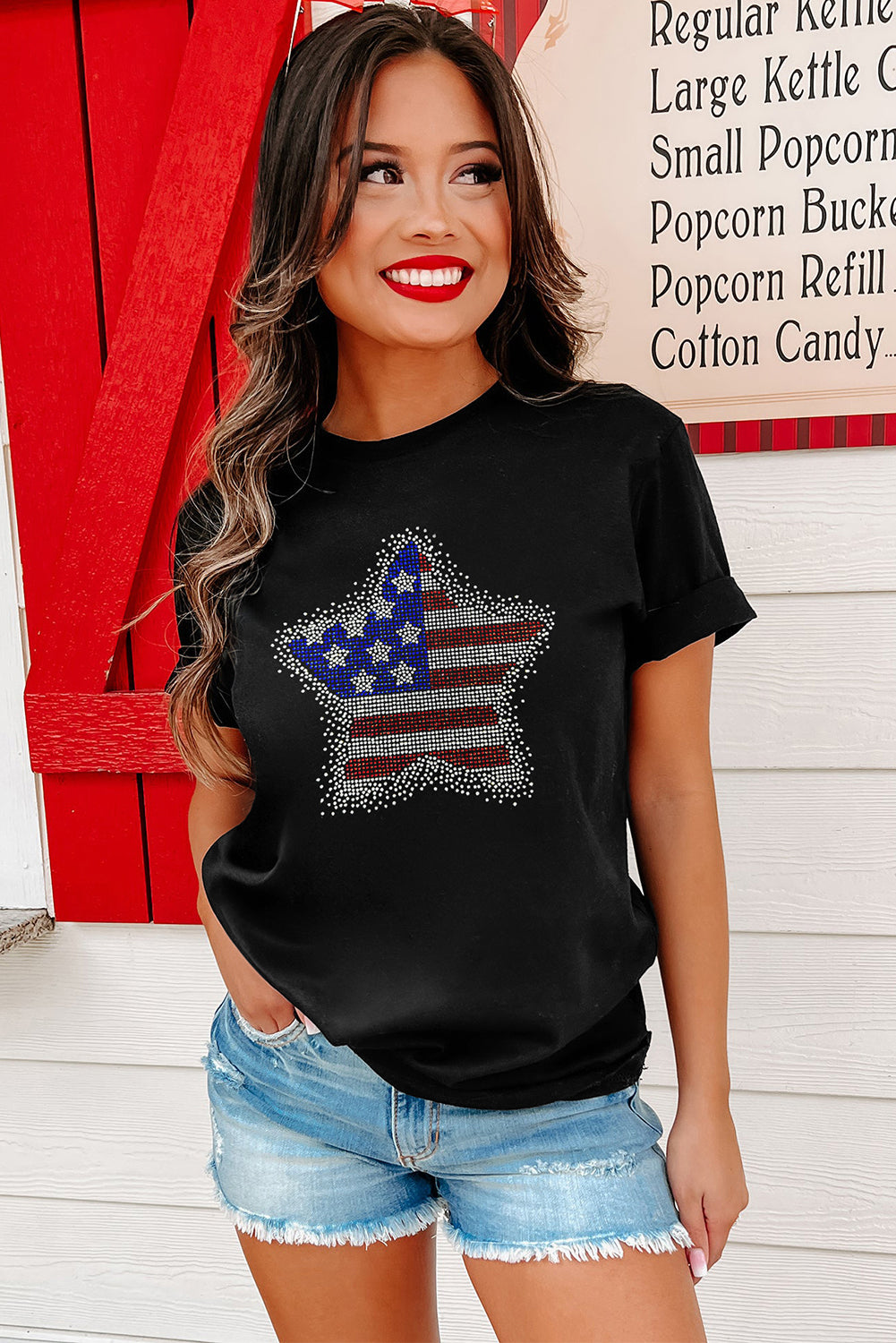 Black Flag Inspired Rhinestone Star Graphic T Shirt Graphic Tees JT's Designer Fashion