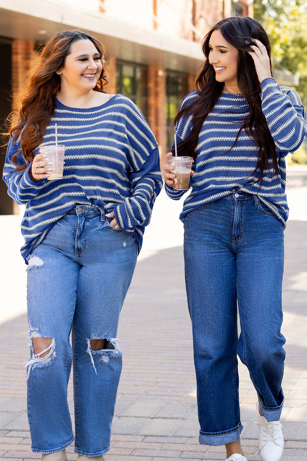 Sky Blue Stripe Drop Shoulder Casual Sweater Sweaters JT's Designer Fashion