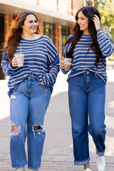 Sky Blue Stripe Drop Shoulder Casual Sweater Sweaters JT's Designer Fashion