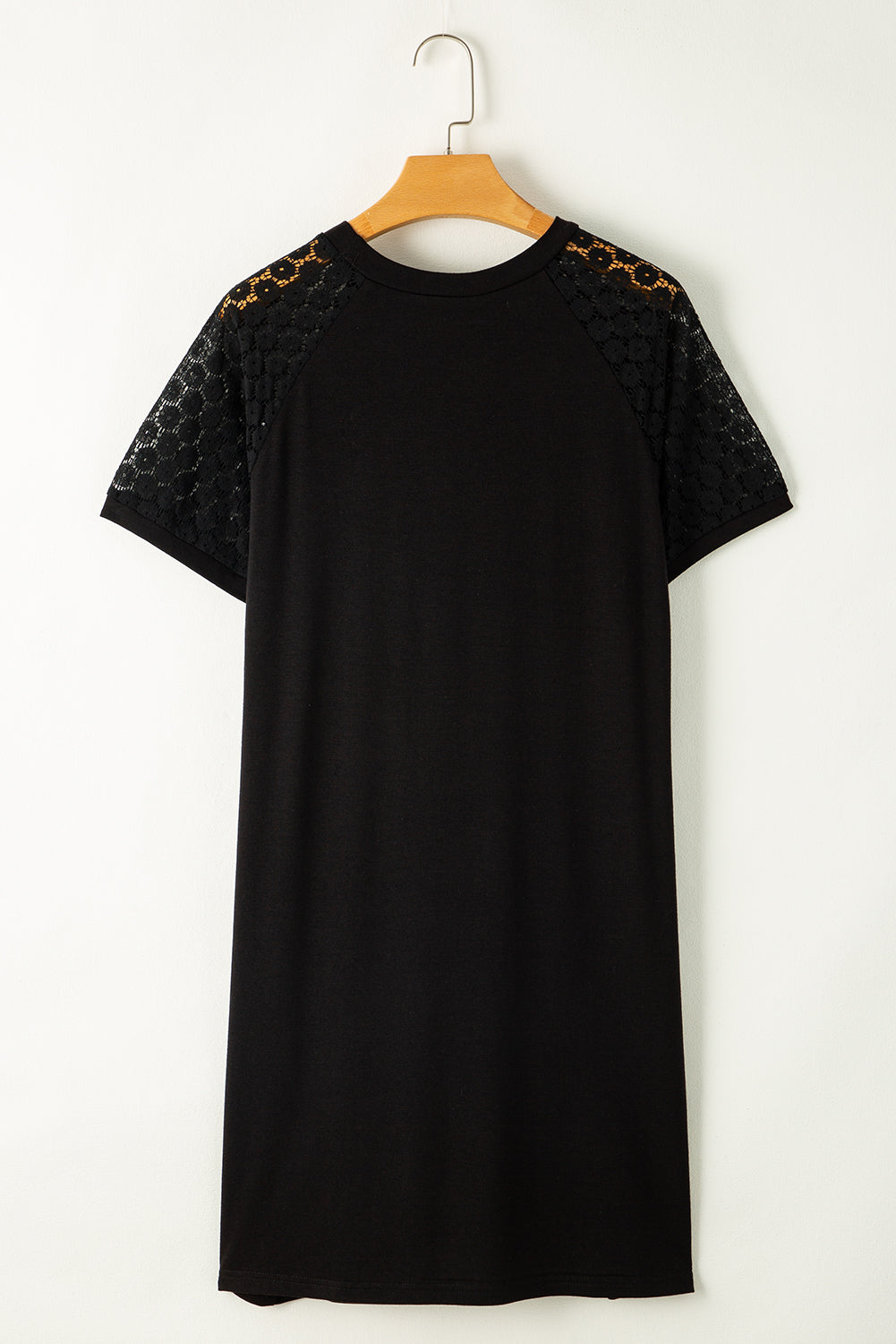 Black Contrast Lace Raglan Sleeve Pleated Detail Shift Dress T Shirt Dresses JT's Designer Fashion