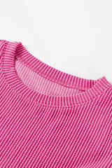 Strawberry Pink Corded Textured Long Sleeve Top and Shorts Set Short Sets JT's Designer Fashion