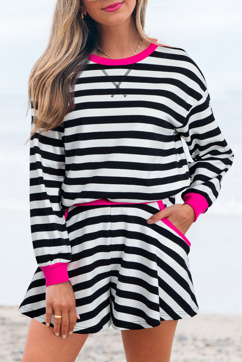 Black Stripe Contrast Ribbed Banding Long Sleeve Blouse Loose Shorts Set Short Sets JT's Designer Fashion