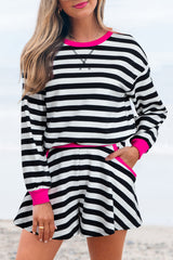 Black Stripe Contrast Ribbed Banding Long Sleeve Blouse Loose Shorts Set Short Sets JT's Designer Fashion