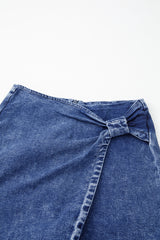 Sail Blue Acid Wash Asymmetric Twisted Wrapped Zipped Denim Skort Denim Shorts JT's Designer Fashion