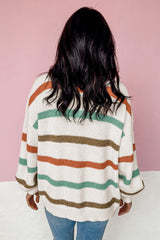 Beige Drop Shoulder Pocketed Stripe Sweater Cardigan Sweaters & Cardigans JT's Designer Fashion