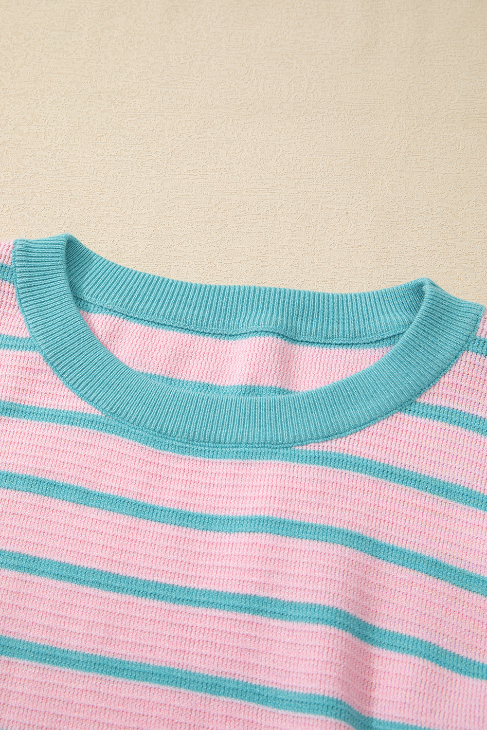 Pink Stripe Trimmed Round Neck Drop Shoulder Loose Sweater Sweaters JT's Designer Fashion