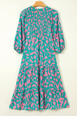 Green Abstract Print Puff Sleeve Tied Notched Neck Long Dress Maxi Dresses JT's Designer Fashion