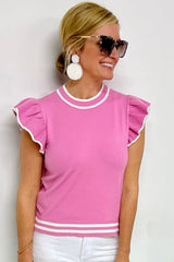 Bonbon Edge Piping Ruffled Sleeve Round Neck Knit T Shirt Sweaters & Cardigans JT's Designer Fashion