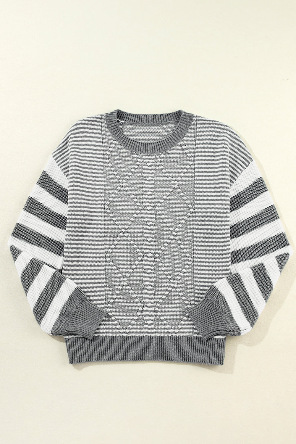 Gray Stripe Geometric Textured Drop Shoulder Sweater Sweaters JT's Designer Fashion