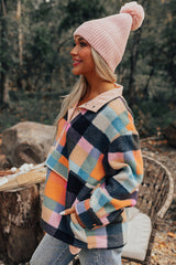 Black Plaid Print Pocketed Half Button Collared Sweatshirt Sweatshirts & Hoodies JT's Designer Fashion
