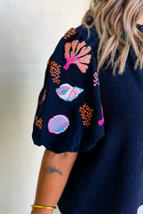 Sail Blue Shellfish Coral Embroidery Puff Sleeve Frilled Neck Blouse Blouses & Shirts JT's Designer Fashion