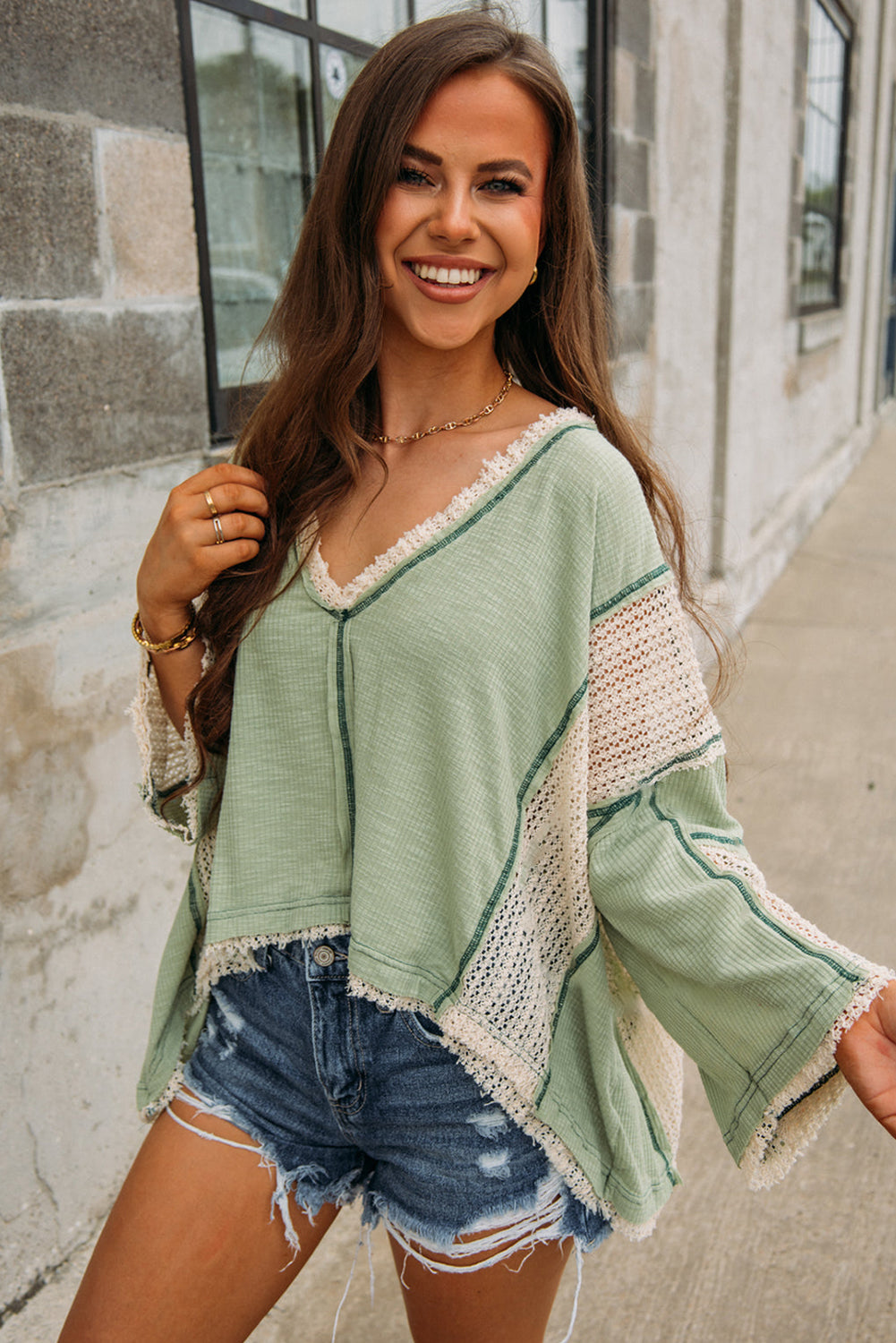 Grass Green Crochet Detail Exposed Seam High Low Loose Top Long Sleeve Tops JT's Designer Fashion