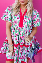 Pink Floral Print Contrast Trim V Neck Bubble Short Sleeve Babydoll Dress Floral Dresses JT's Designer Fashion