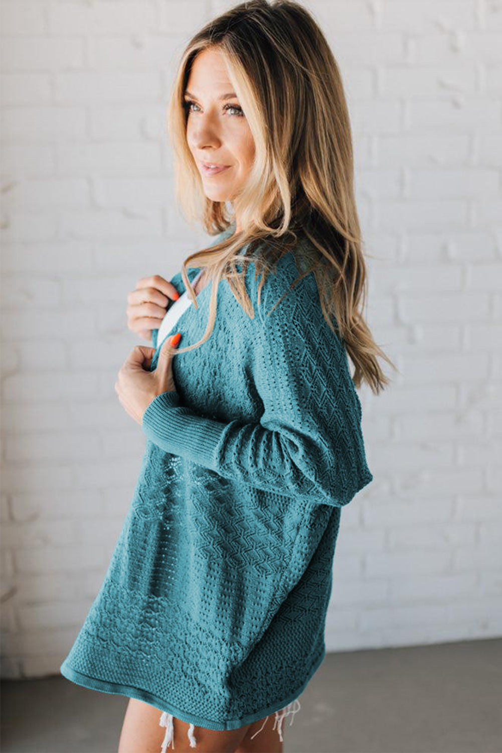 Lapis Mix Pattern Hollowed Knit Open Front Cardigan Cardigans JT's Designer Fashion