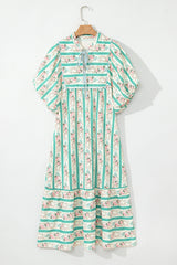 Multicolour Striped Floral Print Tie Split Neck Puff Sleeve Midi Dress Floral Dresses JT's Designer Fashion