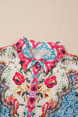 Rose Floral Mixed Pattern Ruffle Flutter Sleeve Buttoned Dress Floral Dresses JT's Designer Fashion