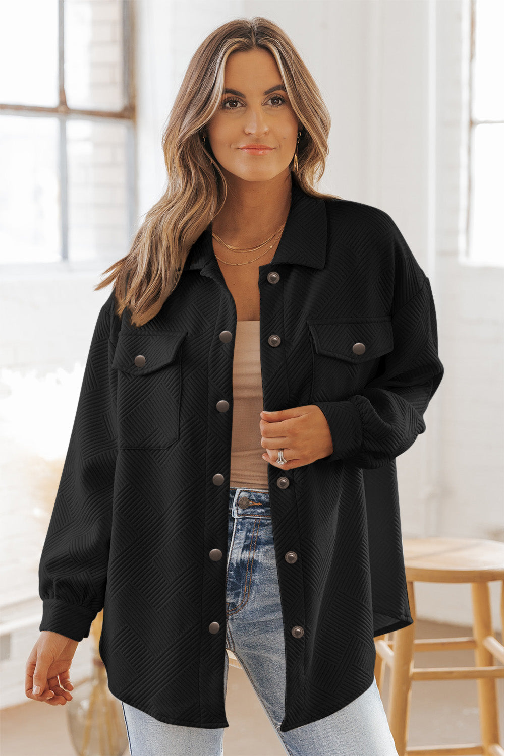 Black Solid Textured Flap Pocket Buttoned Shacket Jackets JT's Designer Fashion