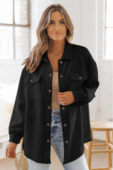 Black Solid Textured Flap Pocket Buttoned Shacket Jackets JT's Designer Fashion