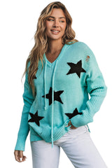 Green V Neck Star Pattern Hooded Sweater with Slits Sweaters & Cardigans JT's Designer Fashion